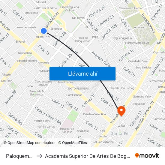 Paloquemao to Academia Superior De Artes De Bogotá map