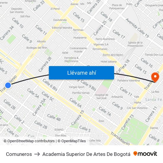 Comuneros to Academia Superior De Artes De Bogotá map