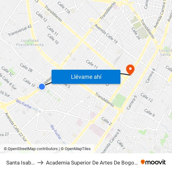 Santa Isabel to Academia Superior De Artes De Bogotá map