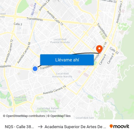 NQS - Calle 38a Sur to Academia Superior De Artes De Bogotá map