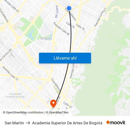 San Martín to Academia Superior De Artes De Bogotá map