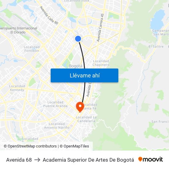 Avenida 68 to Academia Superior De Artes De Bogotá map