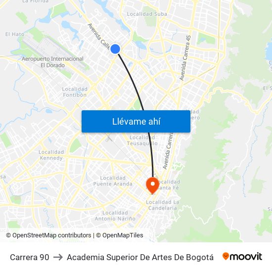 Carrera 90 to Academia Superior De Artes De Bogotá map