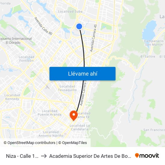 Niza - Calle 127 to Academia Superior De Artes De Bogotá map