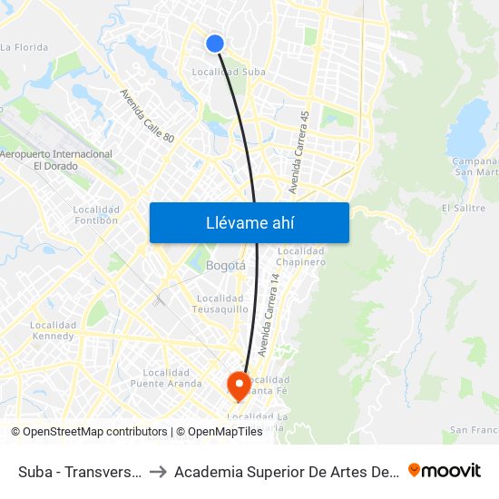 Suba - Transversal 91 to Academia Superior De Artes De Bogotá map