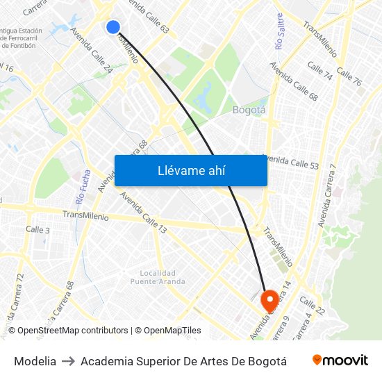 Modelia to Academia Superior De Artes De Bogotá map