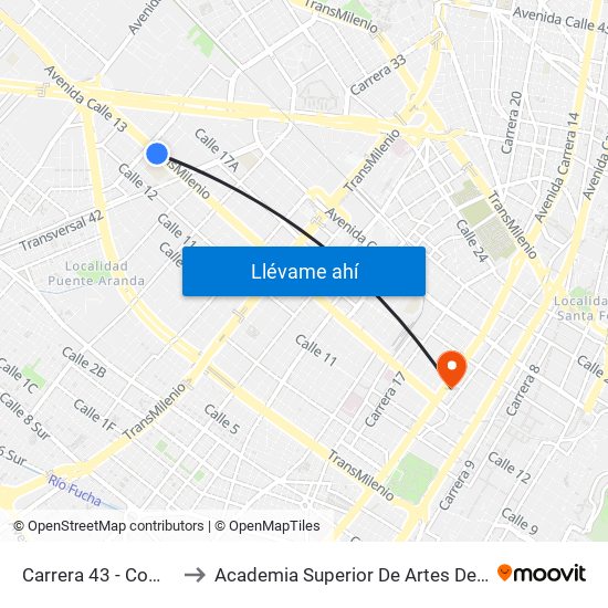 Carrera 43 - Comapan to Academia Superior De Artes De Bogotá map