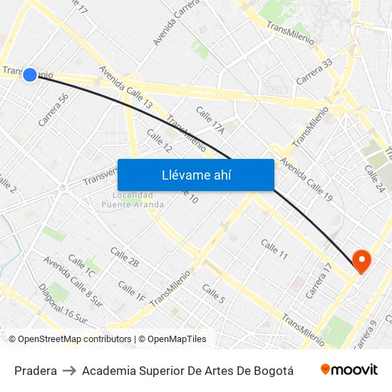 Pradera to Academia Superior De Artes De Bogotá map