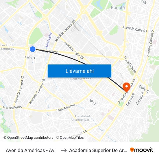 Avenida Américas - Avenida Boyacá to Academia Superior De Artes De Bogotá map