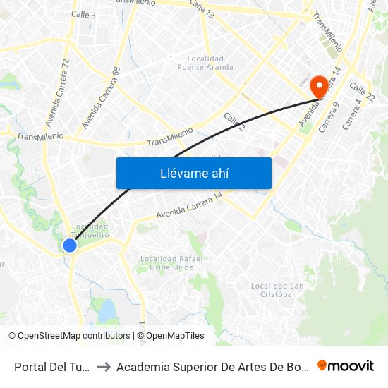 Portal Del Tunal to Academia Superior De Artes De Bogotá map
