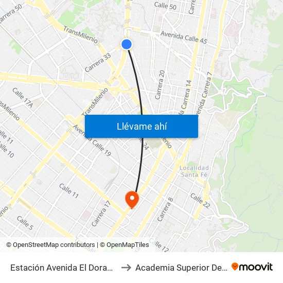 Estación Avenida El Dorado (Av. NQS - Cl 40a) to Academia Superior De Artes De Bogotá map
