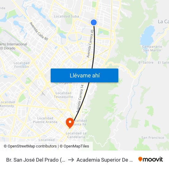 Br. San José Del Prado (Kr 45a - Cl 137) to Academia Superior De Artes De Bogotá map
