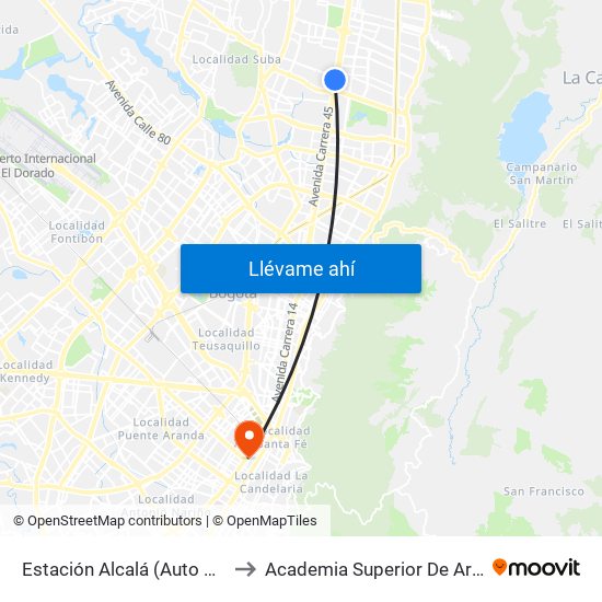 Estación Alcalá (Auto Norte - Cl 136) to Academia Superior De Artes De Bogotá map