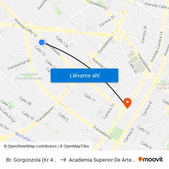 Br. Gorgonzola (Kr 43 - Cl 12b) to Academia Superior De Artes De Bogotá map