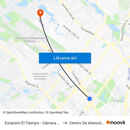 Estación El Tiempo - Cámara De Comercio De Bogotá (Ac 26 - Kr 68b Bis) to Centro De Atención Prioritaria En Salud Emaus map