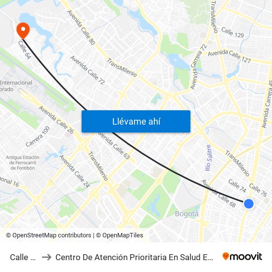 Calle 72 to Centro De Atención Prioritaria En Salud Emaus map