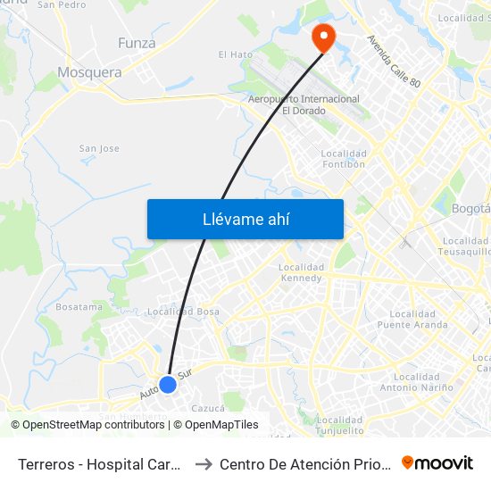 Terreros - Hospital Cardiovascular (Lado Sur) to Centro De Atención Prioritaria En Salud Emaus map