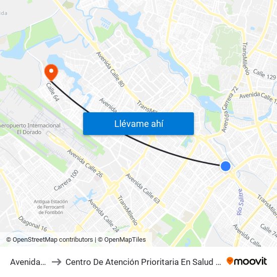 Avenida 68 to Centro De Atención Prioritaria En Salud Emaus map