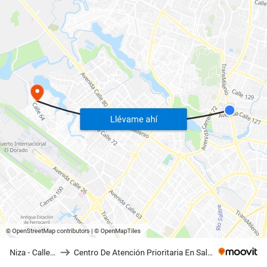 Niza - Calle 127 to Centro De Atención Prioritaria En Salud Emaus map