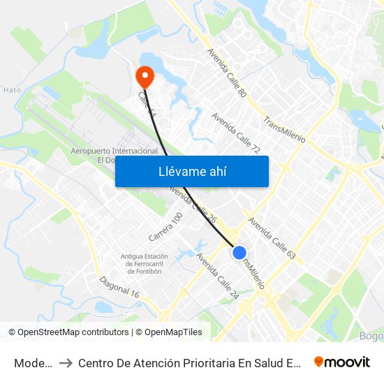 Modelia to Centro De Atención Prioritaria En Salud Emaus map