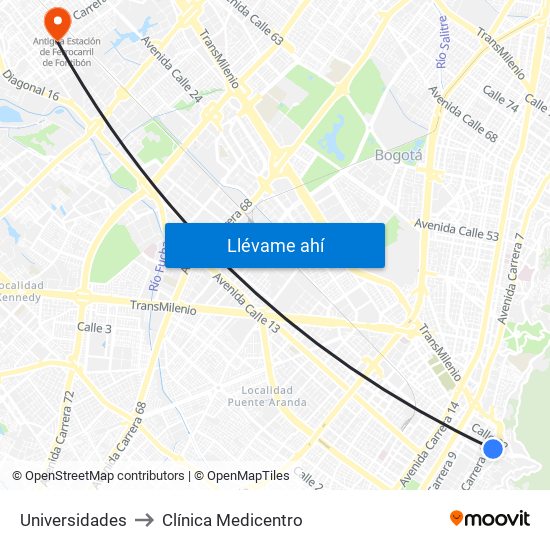 Universidades to Clínica Medicentro map