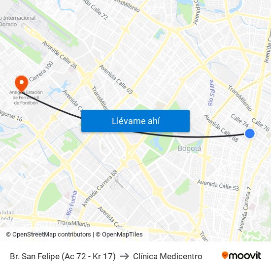 Br. San Felipe (Ac 72 - Kr 17) to Clínica Medicentro map