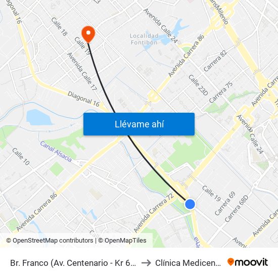 Br. Franco (Av. Centenario - Kr 69b) to Clínica Medicentro map