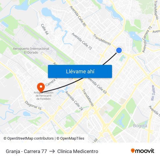 Granja - Carrera 77 to Clínica Medicentro map