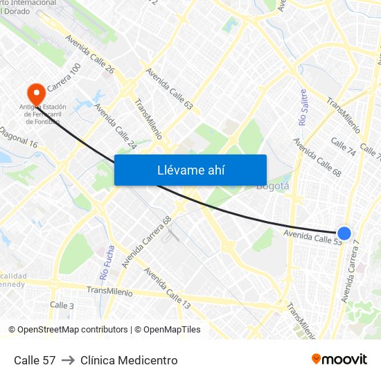 Calle 57 to Clínica Medicentro map