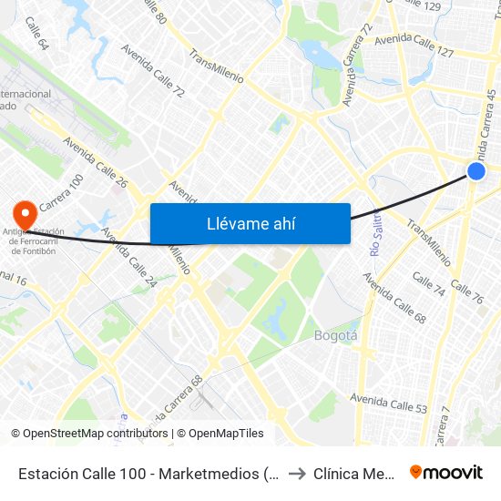 Estación Calle 100 - Marketmedios (Auto Norte - Cl 98) to Clínica Medicentro map