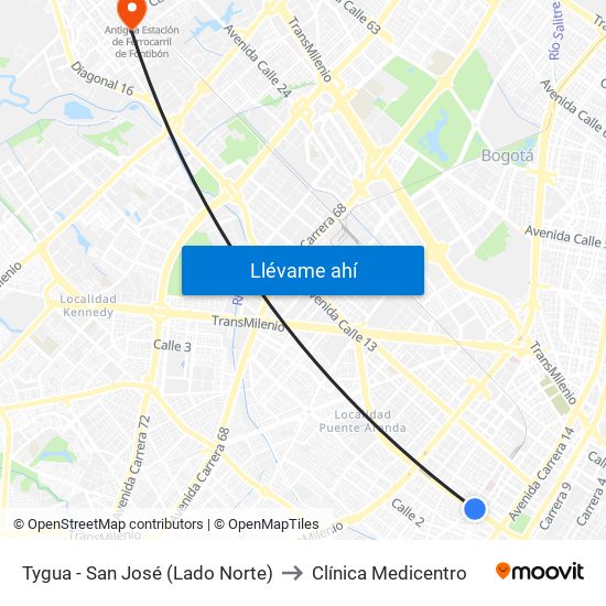 Tygua - San José (Lado Norte) to Clínica Medicentro map