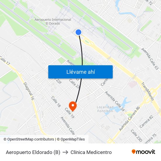 Aeropuerto Eldorado (B) to Clínica Medicentro map