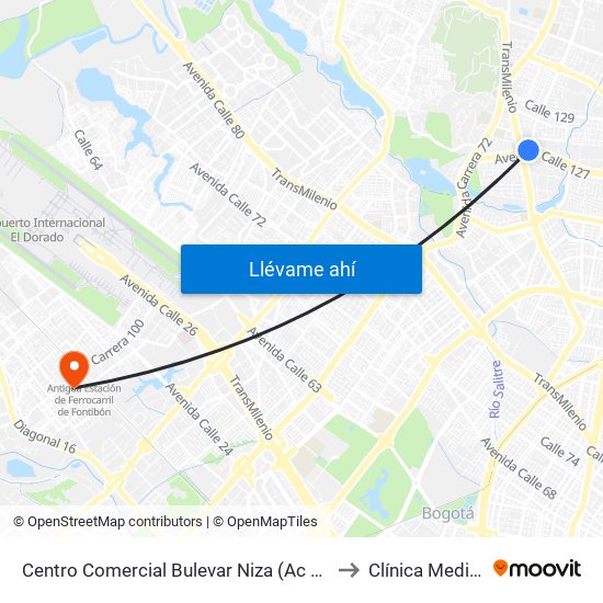 Centro Comercial Bulevar Niza (Ac 127 - Av. Suba) to Clínica Medicentro map