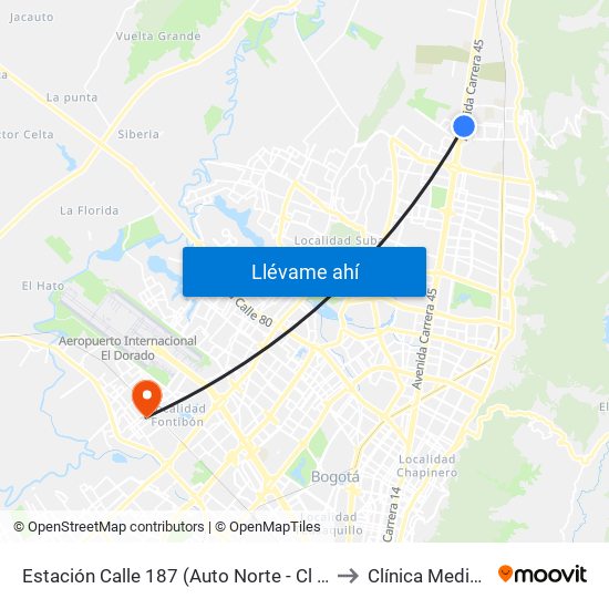 Estación Calle 187 (Auto Norte - Cl 187 Bis) (A) to Clínica Medicentro map