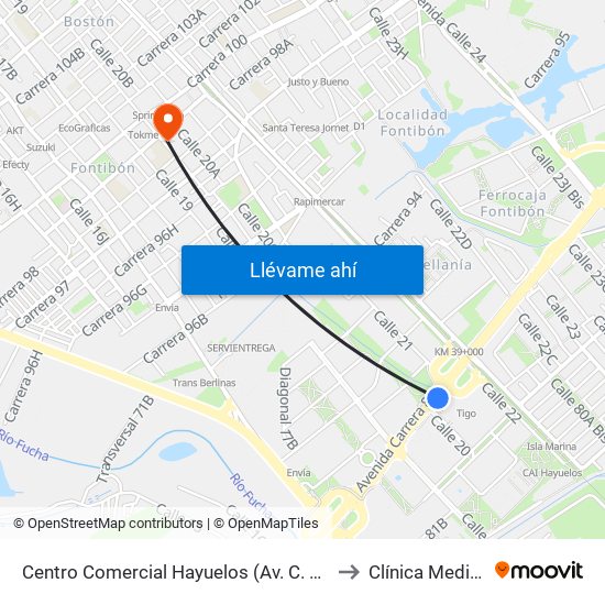 Centro Comercial Hayuelos (Av. C. De Cali - Cl 20) to Clínica Medicentro map