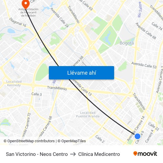 San Victorino - Neos Centro to Clínica Medicentro map