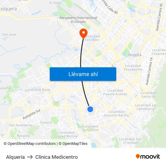Alquería to Clínica Medicentro map