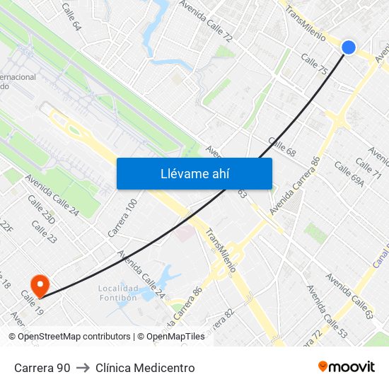 Carrera 90 to Clínica Medicentro map