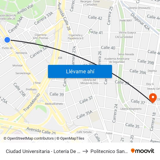 Ciudad Universitaria - Lotería De Bogotá to Politecnico Santa Fe map