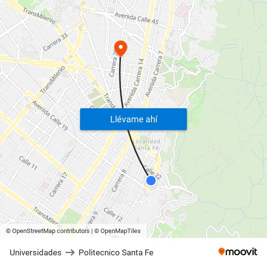 Universidades to Politecnico Santa Fe map