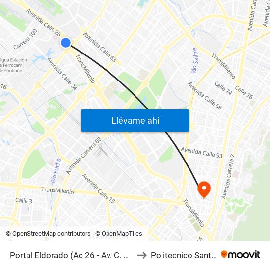 Portal Eldorado (Ac 26 - Av. C. De Cali) to Politecnico Santa Fe map