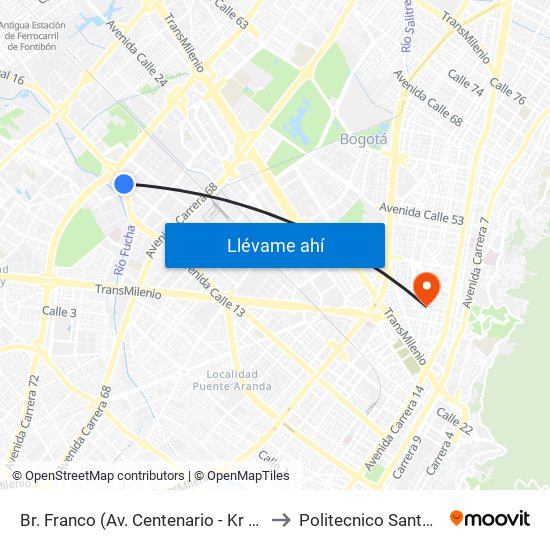 Br. Franco (Av. Centenario - Kr 69b) to Politecnico Santa Fe map