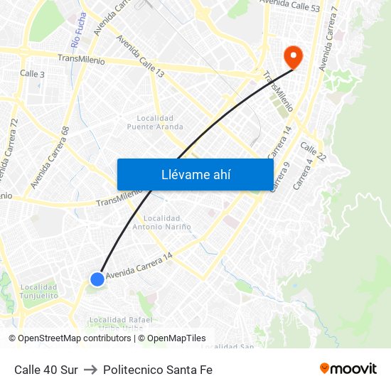 Calle 40 Sur to Politecnico Santa Fe map