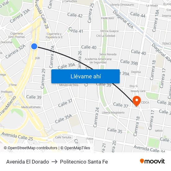 Avenida El Dorado to Politecnico Santa Fe map