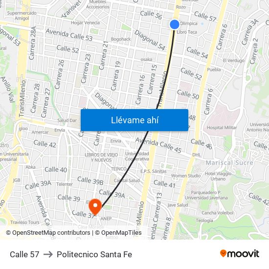 Calle 57 to Politecnico Santa Fe map