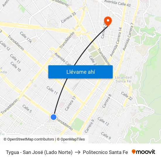 Tygua - San José (Lado Norte) to Politecnico Santa Fe map