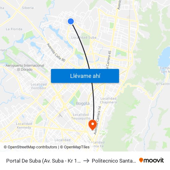 Portal De Suba (Av. Suba - Kr 106) to Politecnico Santa Fe map