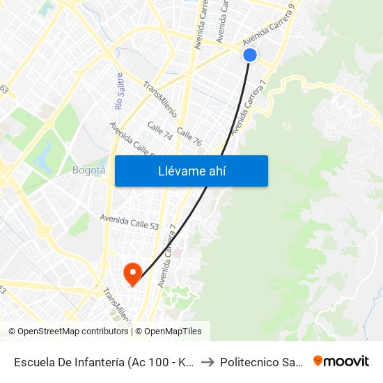 Escuela De Infantería (Ac 100 - Kr 11a) (B) to Politecnico Santa Fe map