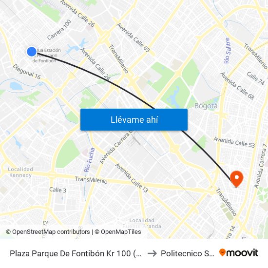 Plaza Parque De Fontibón Kr 100 (Kr 100 - Cl 17a) to Politecnico Santa Fe map