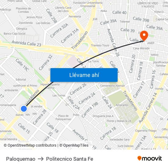 Paloquemao to Politecnico Santa Fe map